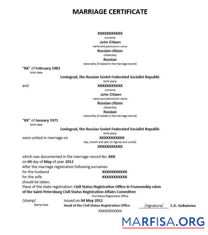 Downloadable Russia Head of the civil status registration office marriage certificate example